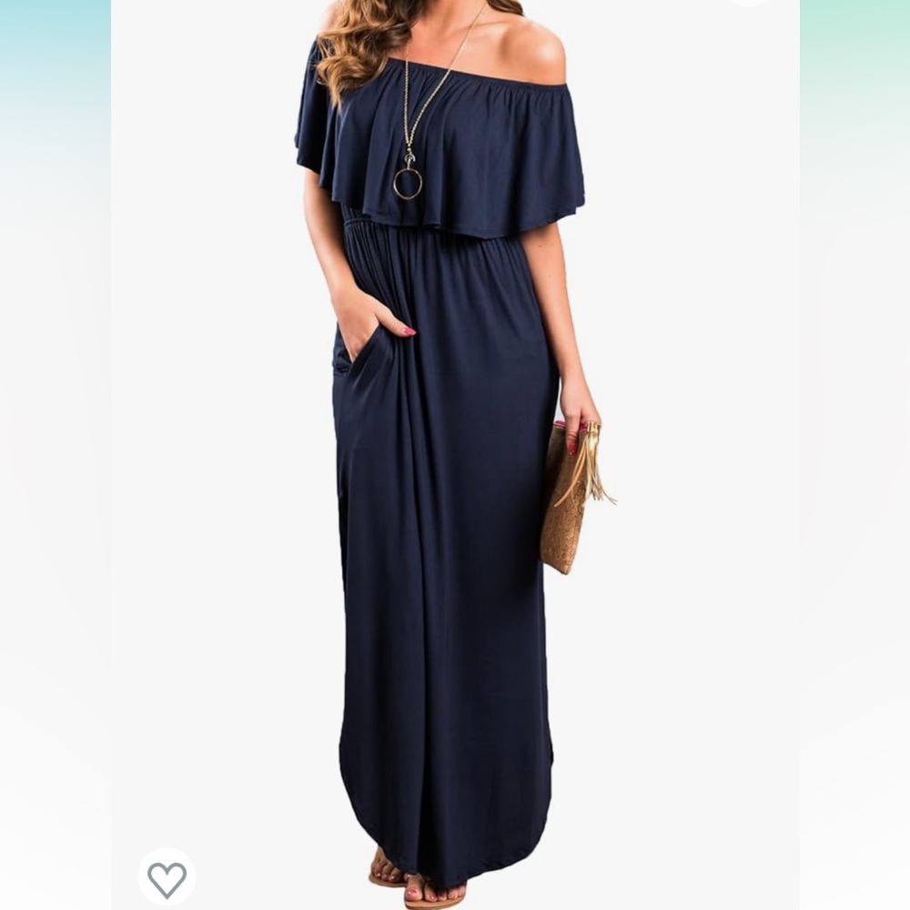 Navy blue empire waist maxi dress w pockets and off the shoulder ruffle sleeve.